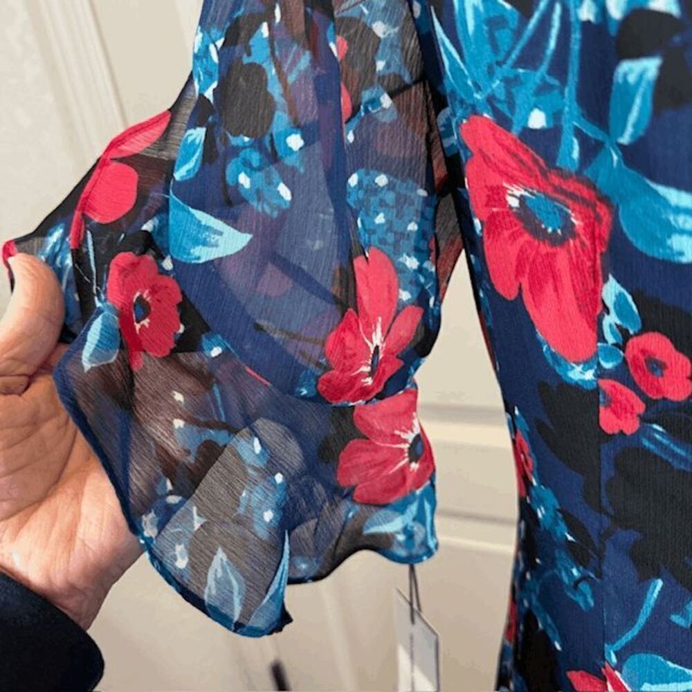 NWT Karl Lagerfeld Navy Floral Shift Dress Short Ruffle Flutter Sleeve‎ Size 10 - Picture 5 of 13